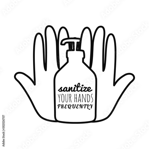 sanitize your hands frequently lettering design with hands and soap bottle icon, line style