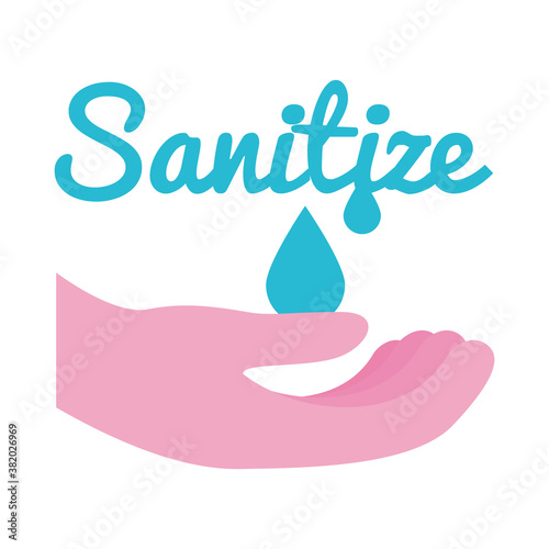 sanitize lettering design with hand and drop icon, flat style