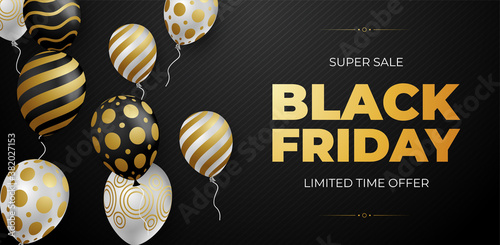 Black Friday Sale Poster with Golden Glossy Balloons on Dark Background. Vector illustration.