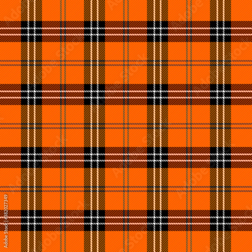 Halloween Tartan plaid. Scottish pattern in black, orange and white cage. Scottish cage. Traditional Scottish checkered background. Seamless fabric texture. Vector illustration