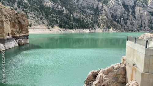 Panning shot - The Buffalo Bill Dam in Cody Wyoming and lake reservoir photo