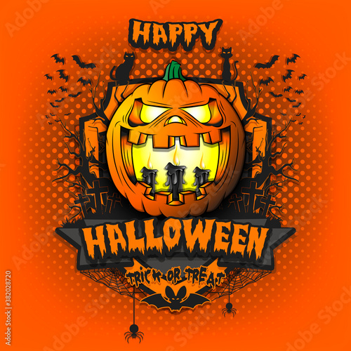 Happy Halloween. Burning candles inside frightening pumpkin. Cats, bats, spiders, trees, crosses. Design template for banner, poster, greeting card, flyer, party invitation. Vector illustration