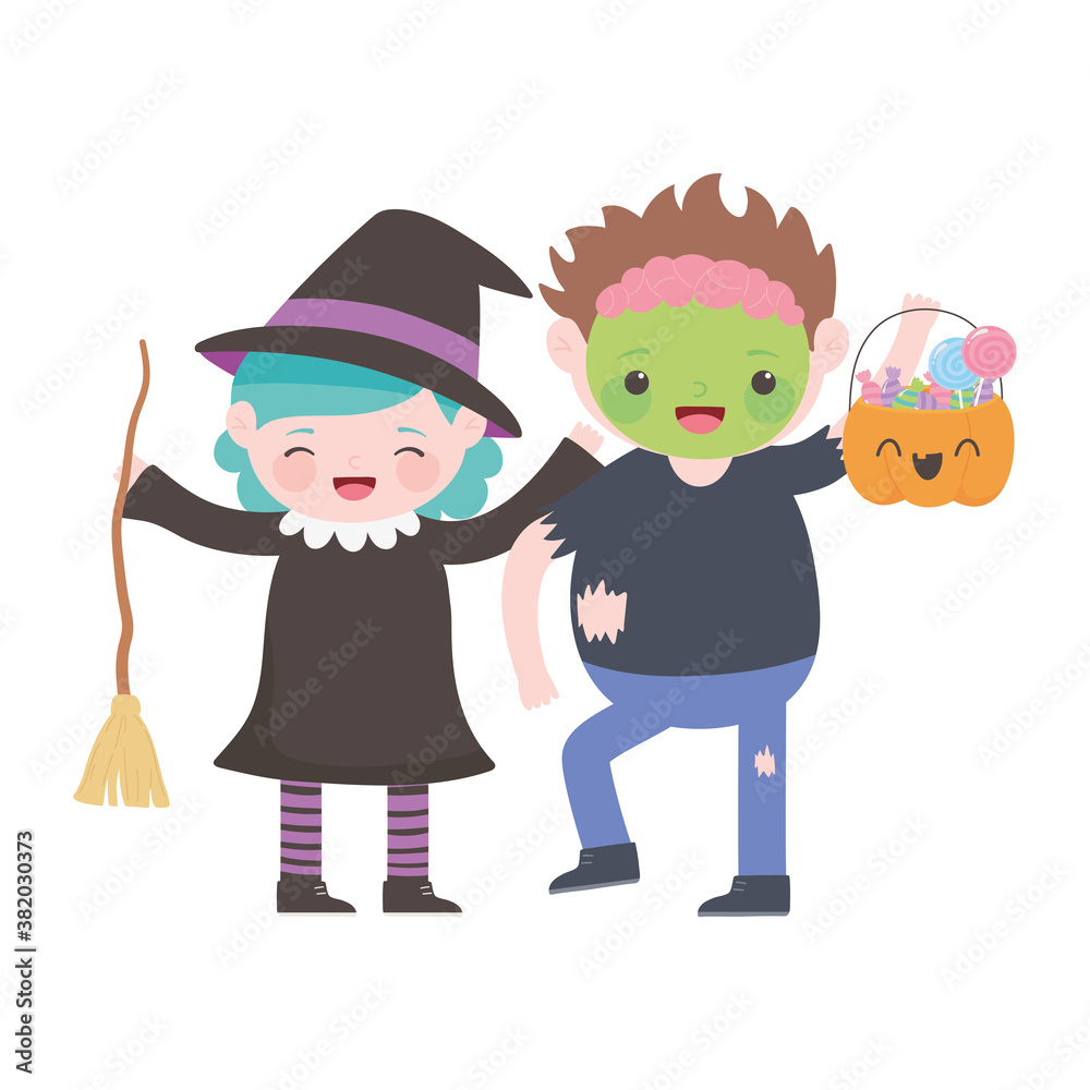 happy halloween, girl witch with broom and boy zombie with pumpkin