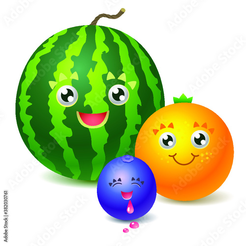 Cartoon funny fruit characters and fruit faces isolated on white background vector illustration. Funny fruit face and cartoon fruit characters icon. Cartoon food face.