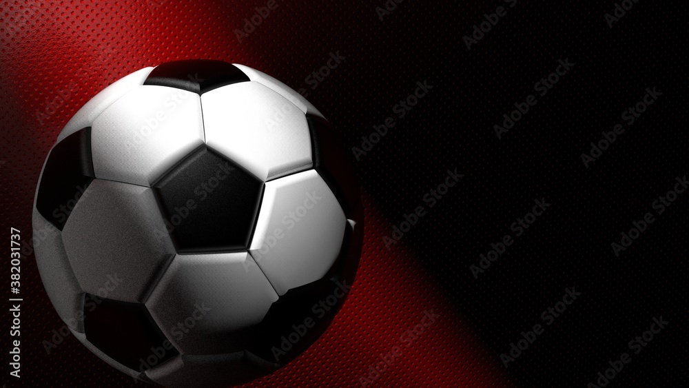 Naklejka premium Soccer ball on the red metallic painted wall under slit light. 3D illustration. 3D CG. 3D high quality rendering.