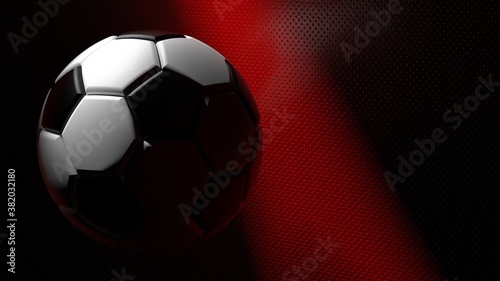 Soccer ball on the red metallic painted wall under slit light. 3D illustration. 3D CG. 3D high quality rendering.