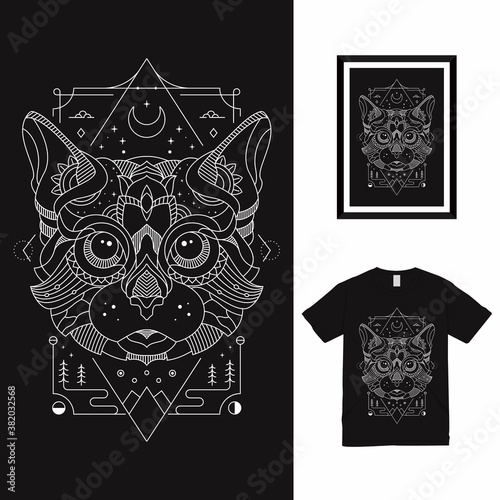 Mystic Cat Line Art T shirt Design