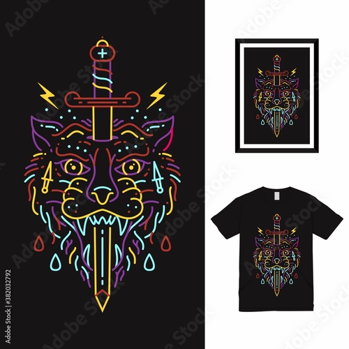 Wolf And Sword Line Art T shirt Design