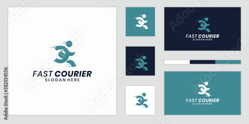 creative Running man with post bag logo, Messenger creative concept, shipping vector logo design template.