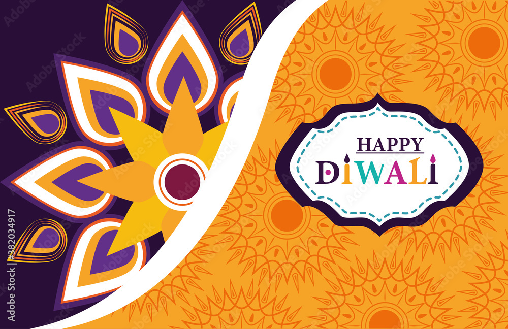 happy diwali festival, banner with floral mandala flower decoration