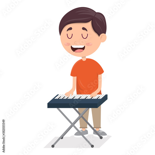 little boy playing piano, young pianist on performance, cartoon vector illustration on white background