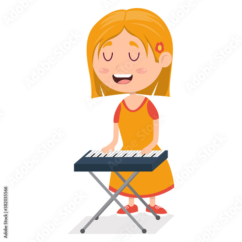 little girl playing piano, young pianist on performance, cartoon vector illustration on white background