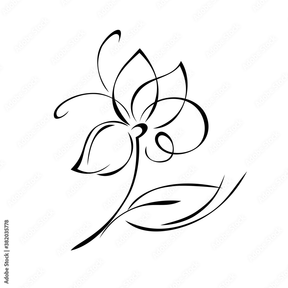 ornament 1314. blooming flower with large petals on a stem with one leaf in black lines on a white background ornament 1314. blooming flower with large petals on a stem with one leaf in black lines on a white background
