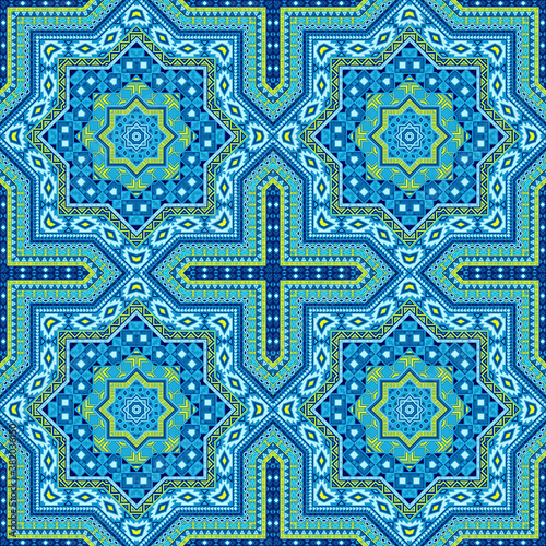 Ornate moroccan zellige tile seamless pattern. Ethnic structure vector swatch. Carpet print design. Classic moroccan zellige tilework repetitive pattern. Geometric shapes wallpaper. photo