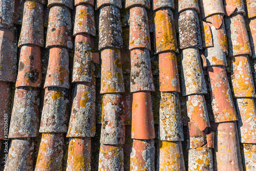 Close-up of old red tiles on the roof in Italy covered with moss from the roof of the house