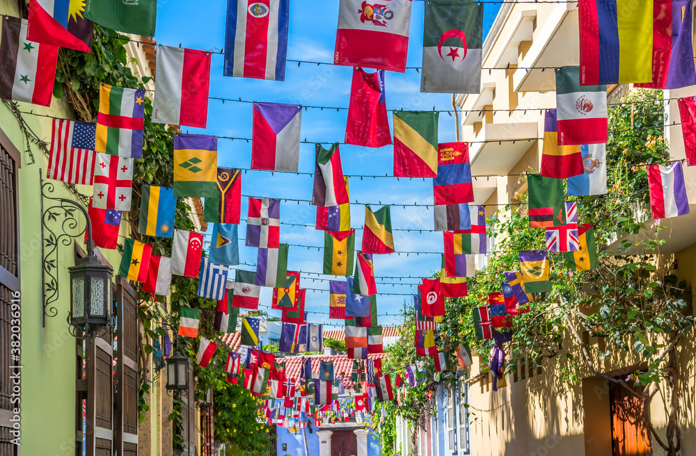 Naklejka premium flags of all countries in the getsemani neighborhood cartagena colombia