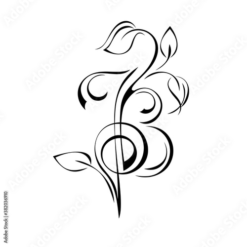 ornament 1318. decorative element with curls and leaves in black lines on white background