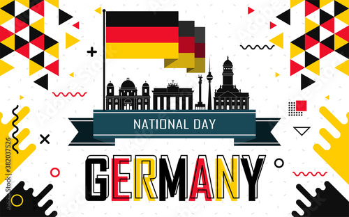 National day of germany banner with retro abstract geometric shapes & berlin landscape landmarks. German flag and red yellow black colors scheme. German Unity Day.