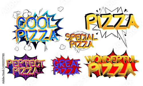 Pizza Comic book style cartoon words on abstract comics background.