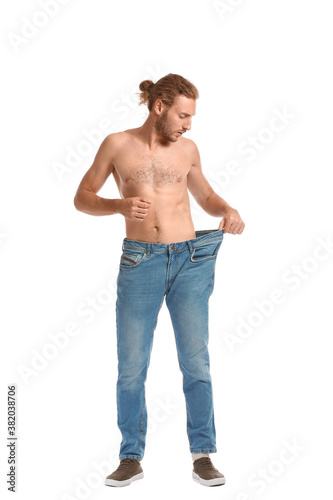 Man with sudden weight loss problem on white background. Diabetes symptoms