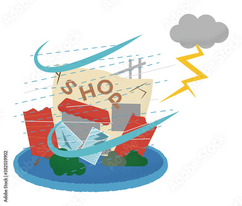 雷雨の被害に遭うショップのベクターイラスト
