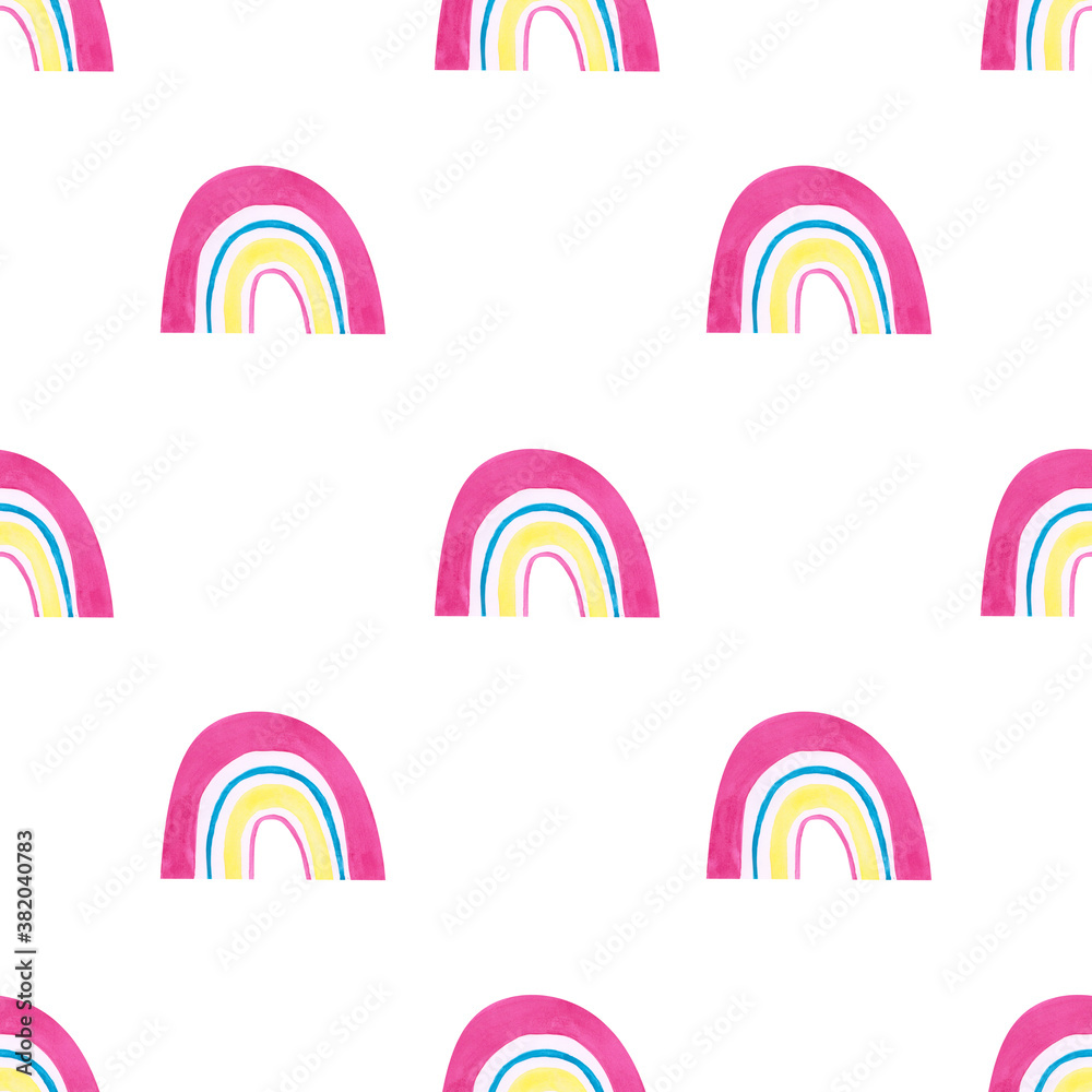 Hand-drawn watercolor rainbow seamless pattern on white background. Cute endless print for your design. Colorful wallpaper. Nursery digital paper.