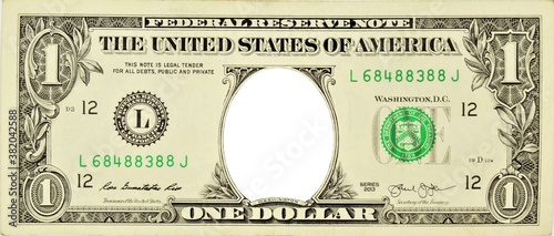 One dollar with an empty space without a portrait. Frame, background, template for photo of the design. © Николай Зотов