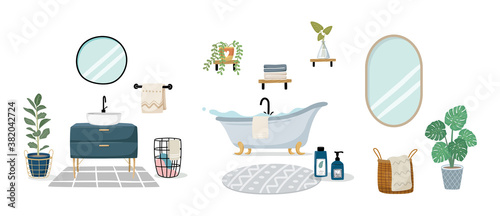 Set of bathroom interior and decor elements vector flat illustration.  Stylish washbasin, mirror, houseplant, bathtub, carpet and towel.