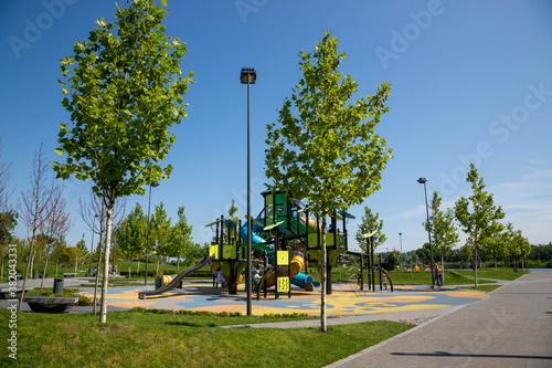 View of the children's playground in the new park on the city embankment