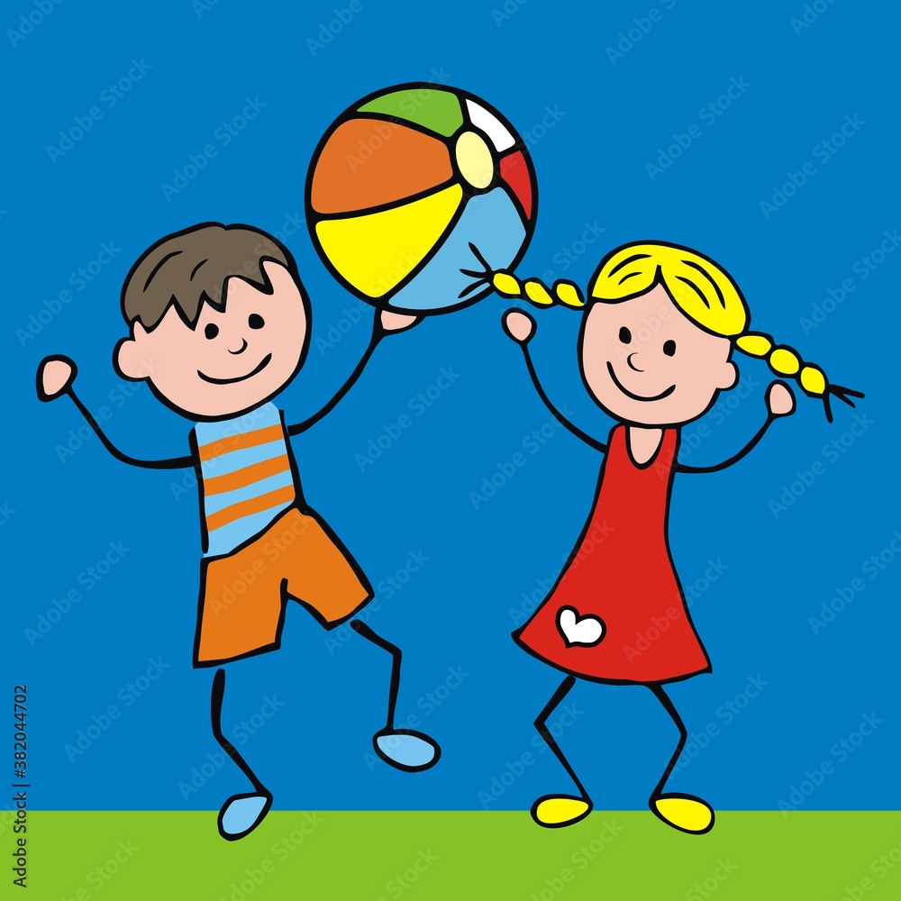 Two little kids, boy and girl with beach ball, funny vector illustration