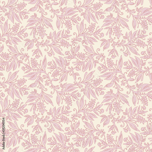 Floral seamless pattern with leaves and berries in pink and cream colors, hand-drawn and digitized. Design for wallpaper, textile, fabric, wrapping, background.