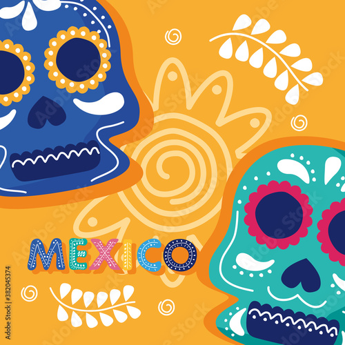 mexico celebration day lettering with skulls heads