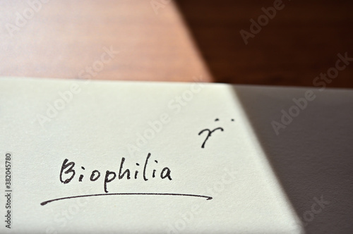 At the edge of the notebook, "Biophilia" is written. Close-up in direct sunlight.