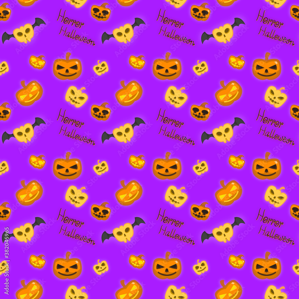 Halloween orange and yellow pumpkin or light Jack'o lantern cartoon on purple background seamless pattern. Halloween orange and yellow pumpkin or light Jack'o lantern cartoon on purple background seamless pattern.