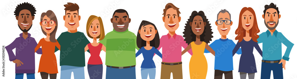 Diverse people arms around each other's shoulders with smile. Concept of teamwork, friendship, diversity, equality. Vector illustration in flat cartoon style. Diverse people arms around each other's shoulders with smile. Concept of teamwork, friendship, diversity, equality. Vector illustration in flat cartoon style.