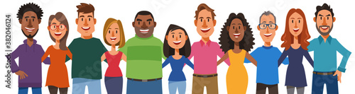 Diverse people arms around each other's shoulders with smile.  Concept of teamwork, friendship, diversity, equality. Vector illustration in flat cartoon style.