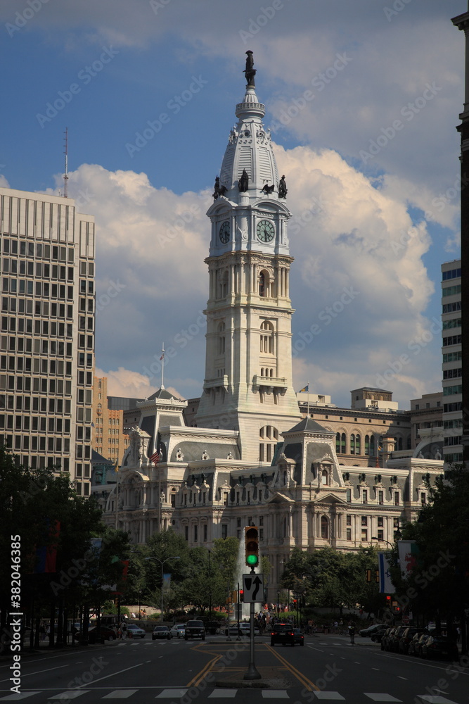 View of Philadelphia City Hall and cityscape  under blue sky during summer in Philadelphia Pennsylvania, USA