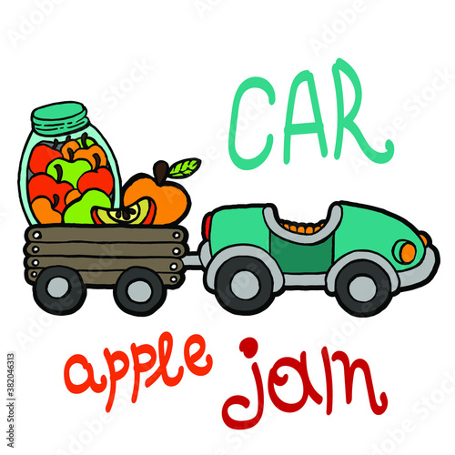 Apple jam machine vector for children's book, coloring book, calendar design. Clipart, doodling, autumn illustration