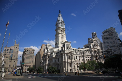View of Philadelphia City Hall and cityscape under blue sky during summer in Philadelphia Pennsylvania, USA