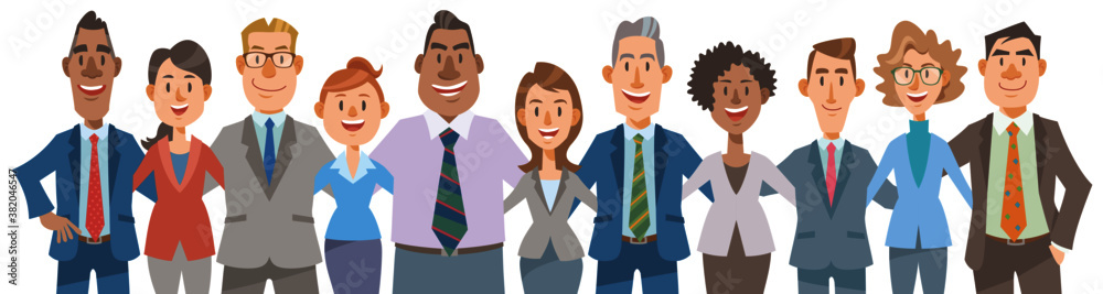 Diverse business people arms around each other's shoulders with smile. Concept of teamwork, success, diversity, equality. Vector illustration in flat cartoon style. Diverse business people arms around each other's shoulders with smile. Concept of teamwork, success, diversity, equality. Vector illustration in flat cartoon style.
