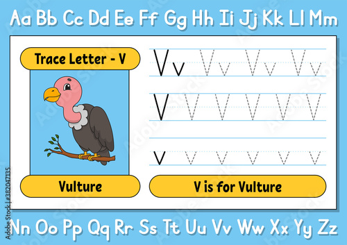 Trace letters. Writing practice. Tracing worksheet for kids. Learn alphabet. Cute character. Vector illustration. Cartoon style.