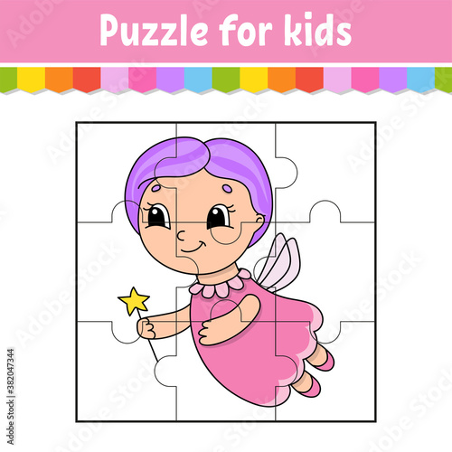 Puzzle game for kids. Jigsaw pieces. Color worksheet. Activity page.Isolated vector illustration. Cartoon style.
