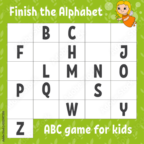 Finish the alphabet. ABC game for kids. Education developing worksheet. Learning game for kids. Color activity page.