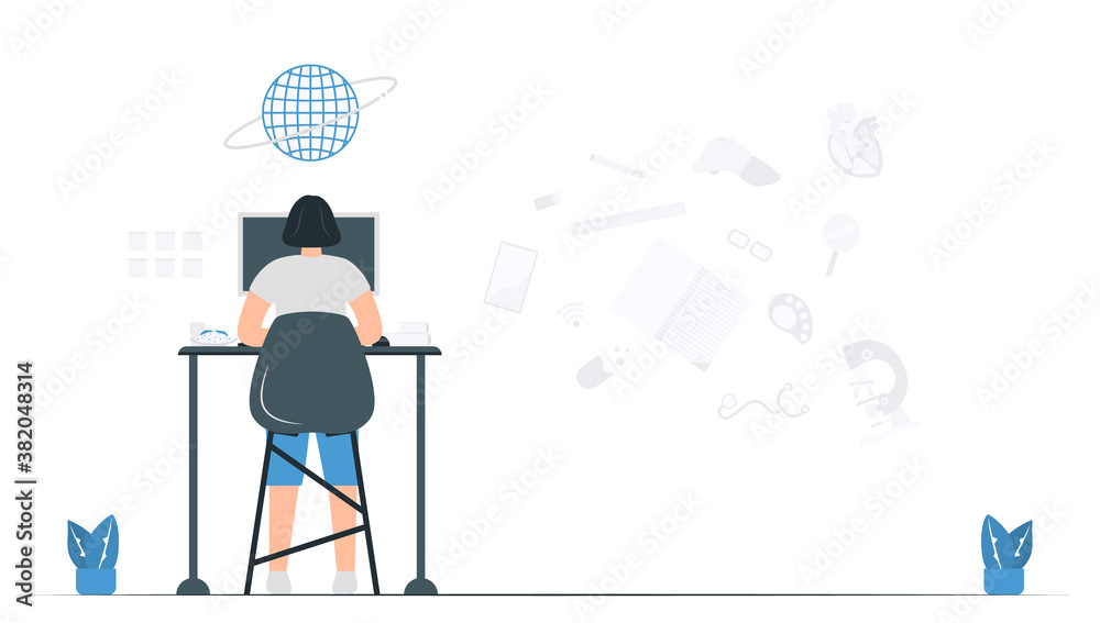 Woman studies everything at home. Online learning in occuring period of new coronavirus 2019. Isolated vector is in flat style. Minimal design is in blue monochromatic color.