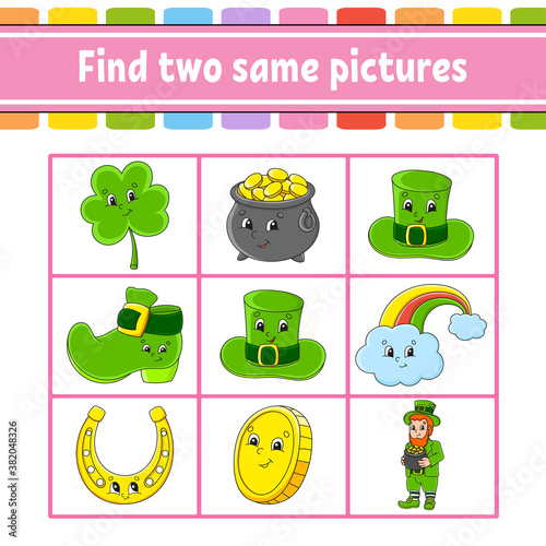 Find two same pictures. Task for kids. St. Patrick's day. Education developing worksheet. Activity page. Color game for children. Funny character. Isolated vector illustration. Cartoon style.
