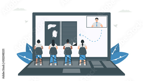 Students studies everything at home. Online learning in occuring period of new coronavirus 2019. Isolated vector is in flat style. Minimal design is in blue monochromatic color.