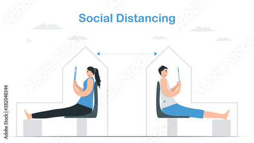 Working from home. This is a protection of new coronavirus or COVID-19. Even lover have to be separated. Isolated vector is in flat style. Minimal design is in blue monochromatic color.