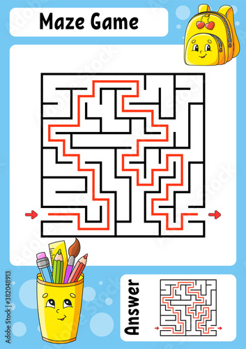 Square maze. Game for kids. Funny labyrinth. Education developing worksheet. Activity page. Puzzle for children. Cartoon style. Back to school. Logical conundrum. Color vector illustration.