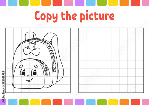 Copy the picture. Coloring book pages for kids. Education developing worksheet. Game for children. Back to school. Handwriting practice. Funny character. Cute cartoon vector illustration.