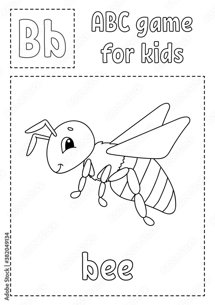 Letter B is for bee. ABC game for kids. Alphabet coloring page. Cartoon character. Word and ...